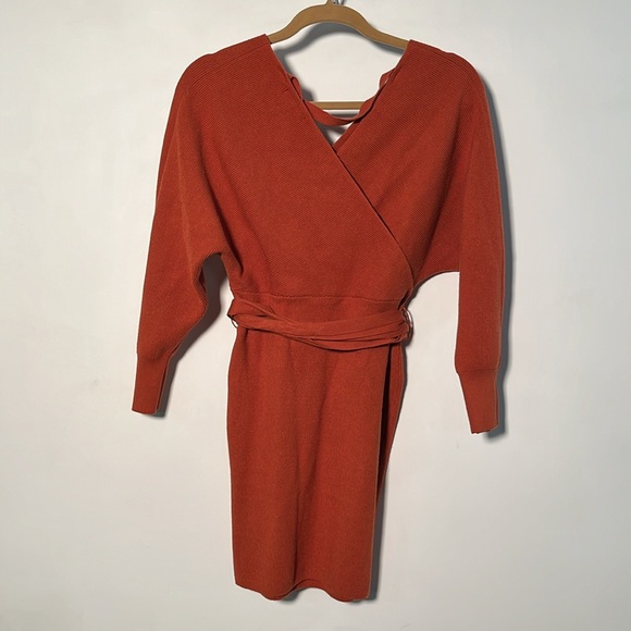 CHERFLY Dolman SLV Faux Wrap Backless Bodycon/Glam Belt Caramel Sweater Dress S - Picture 4 of 16